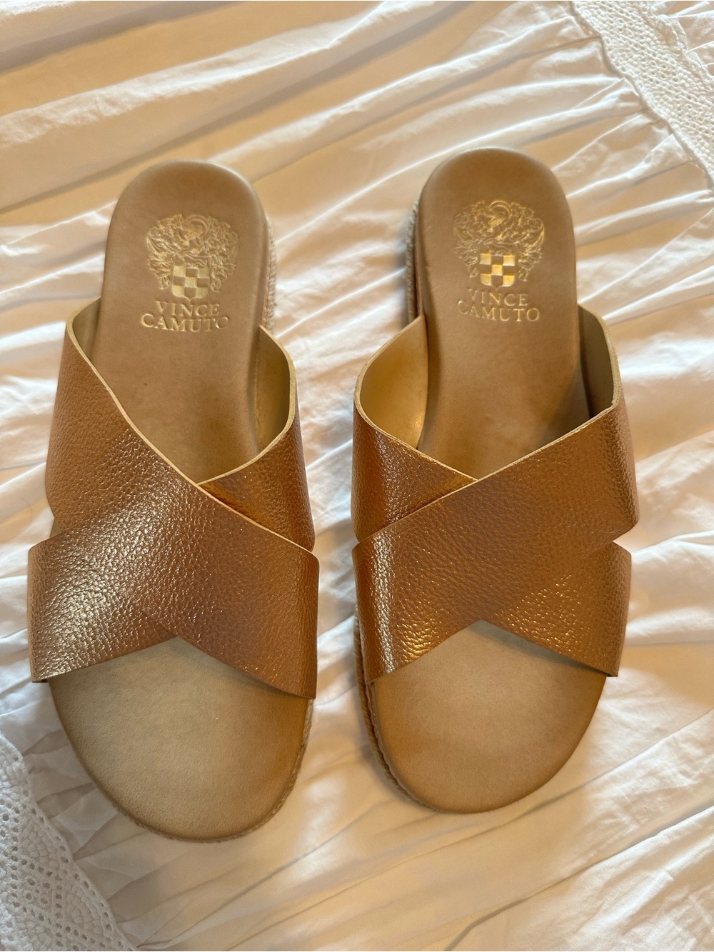 Vince Camuto Tan Brown Leather Crisscross Slide Sandals